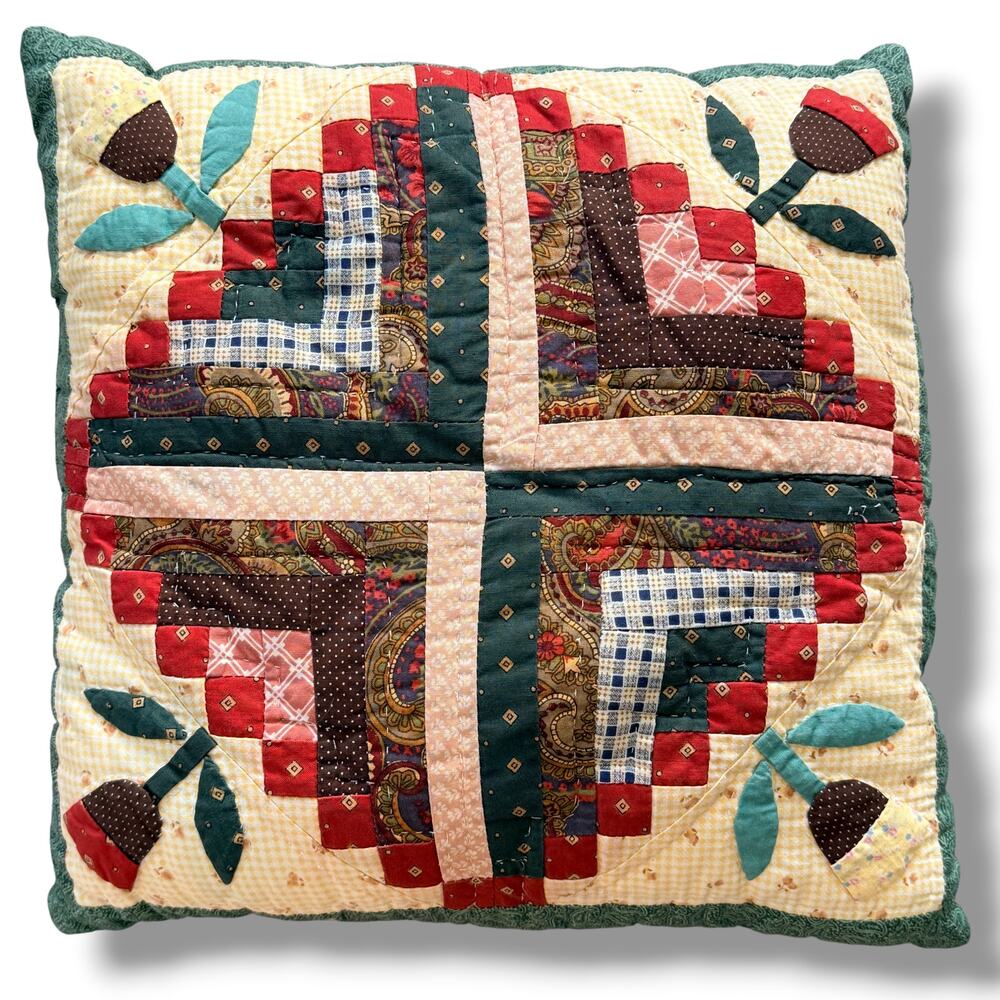 Quilted Patchwork Throw Pillow 14" Square Floral Tulip Basket Applique